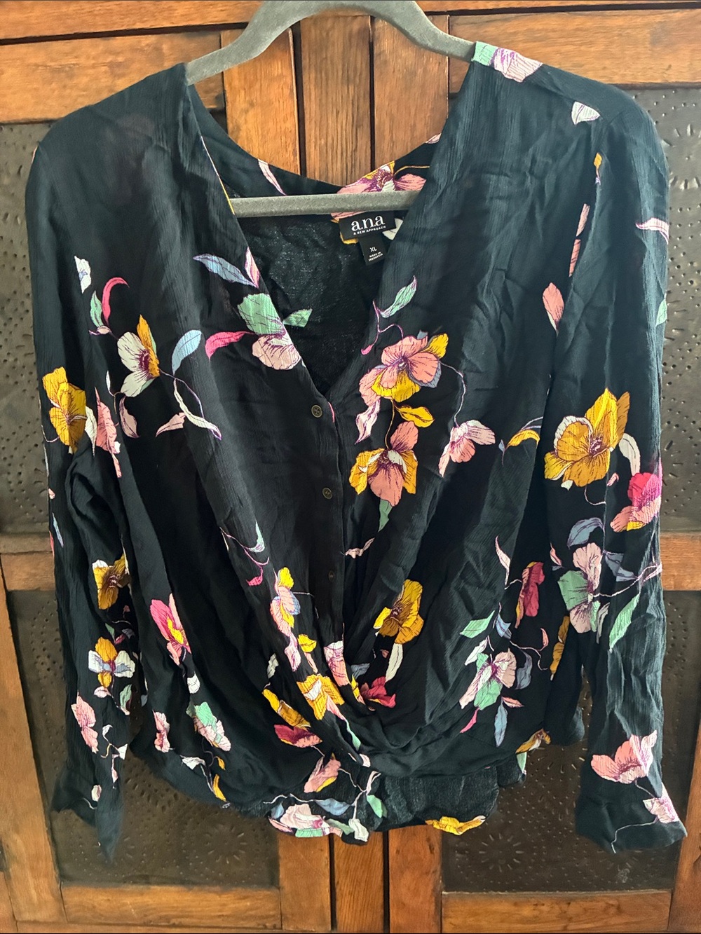 a.n.a Black Floral Wrap-Front Button Blouse